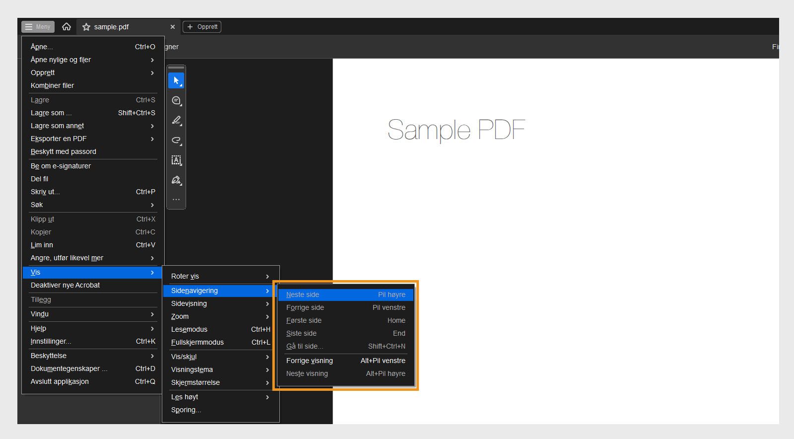Sidenavigeringsmenyen i Vis-menyen viser en liste over navigeringsalternativer i Acrobat.