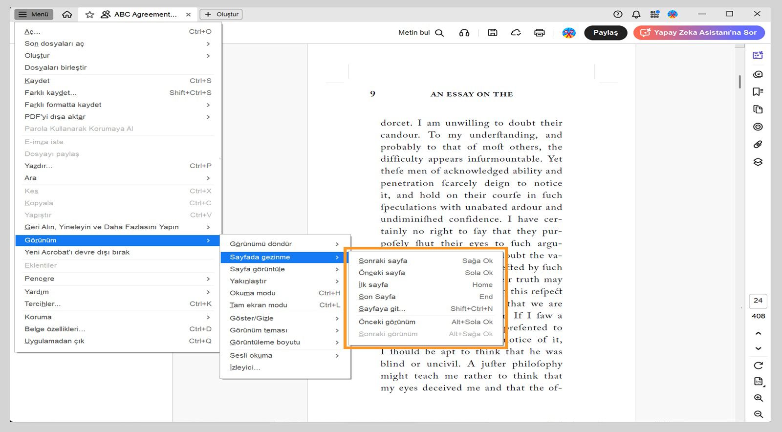 Görünüm menüsündeki Sayfa gezintisi menüsü, Acrobat'ta gezinme seçeneklerinin bir listesini görüntüler.