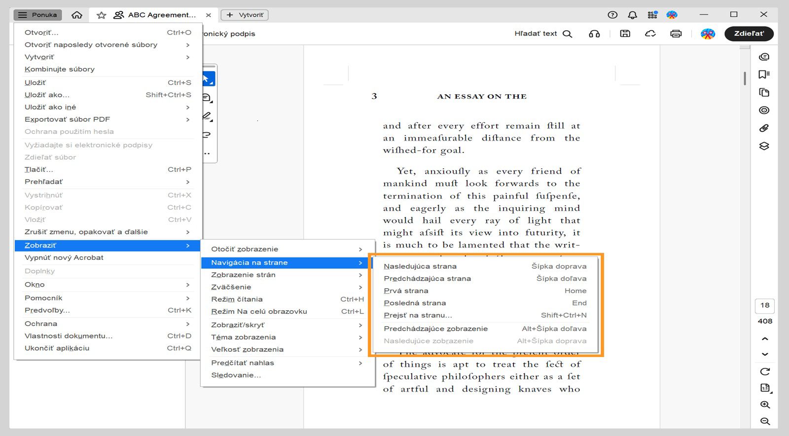 Ponuka Navigácia v stránkach v ponuke Zobrazenie zobrazuje zoznam možností navigácie v programe Acrobat.