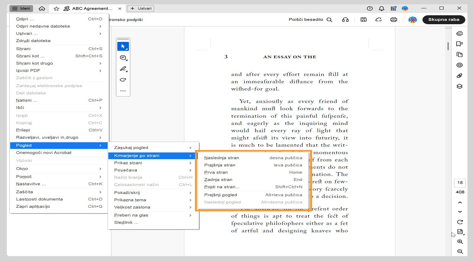 Meni Krmarjenje po straneh v meniju Pogled prikazuje seznam možnosti za krmarjenje v programu Acrobat.