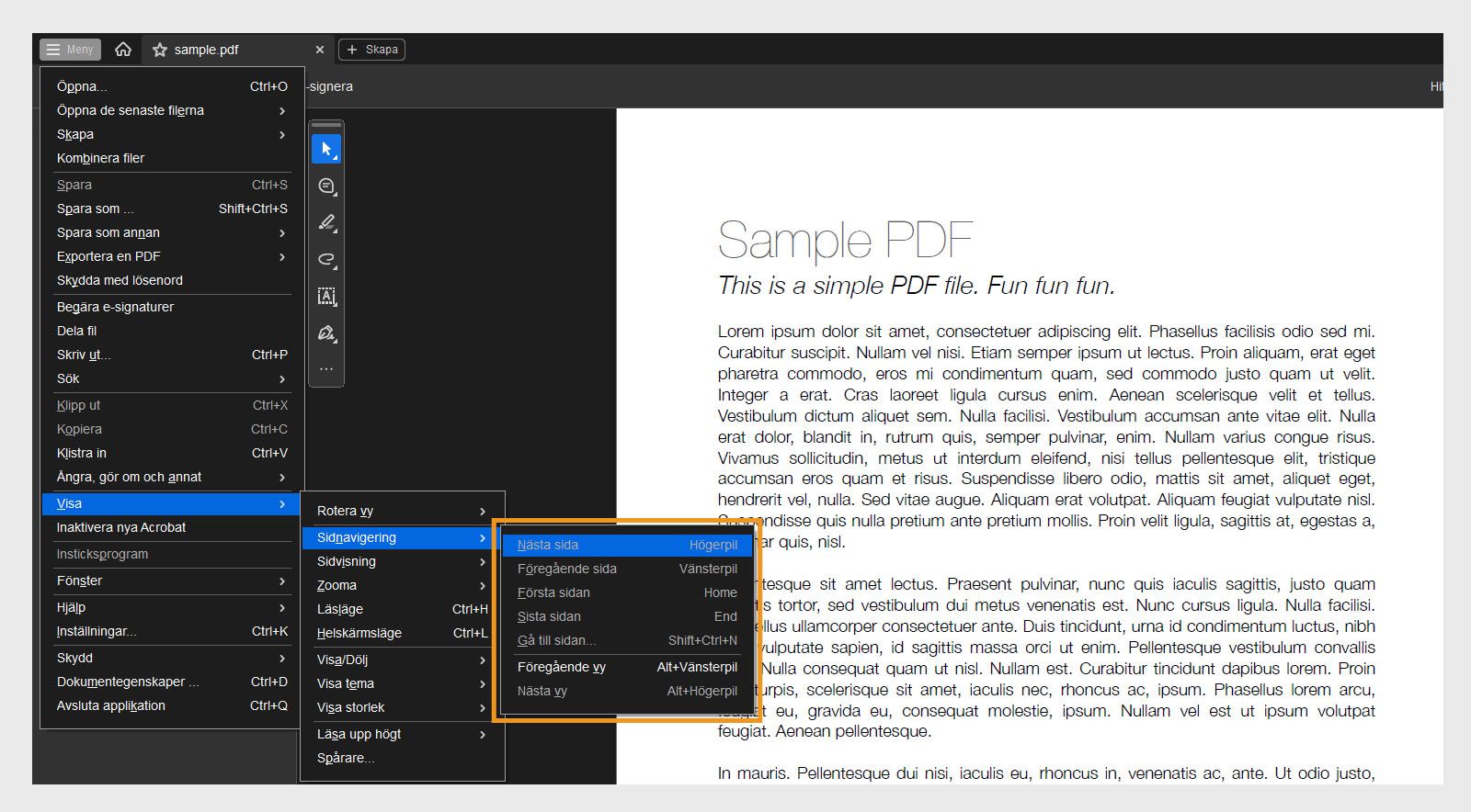 Sidnavigeringsmenyn i menyn Visa visar en lista över navigeringsalternativ i Acrobat.