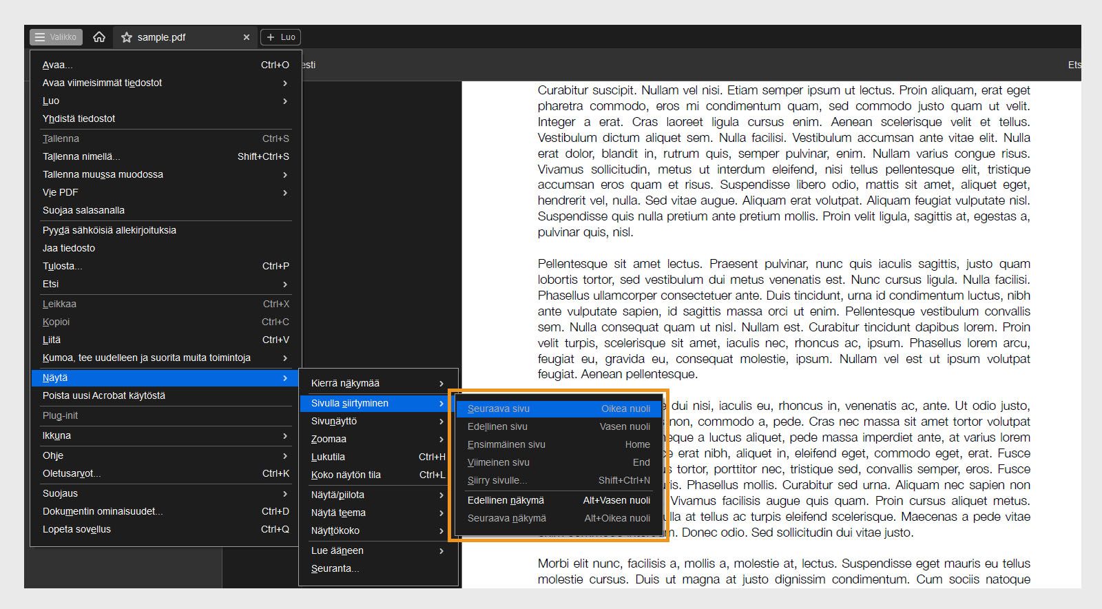 Näytä-valikon Sivunavigointi-valikko näyttää luettelon navigointivaihtoehdoista Acrobatissa.