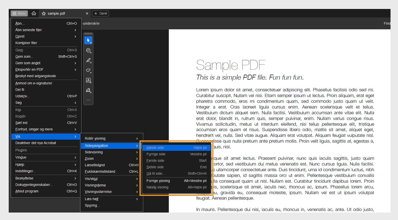 Menuen Sidenavigation i menuen Vis viser en liste over navigationsmuligheder i Acrobat.