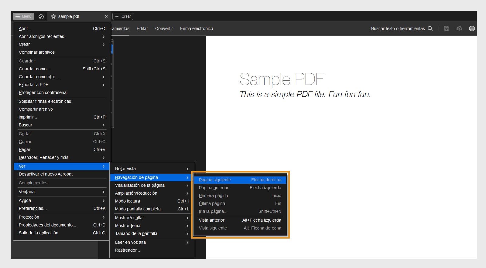 El menú Navegación de páginas en el menú Ver muestra una lista de opciones de navegación en Acrobat.