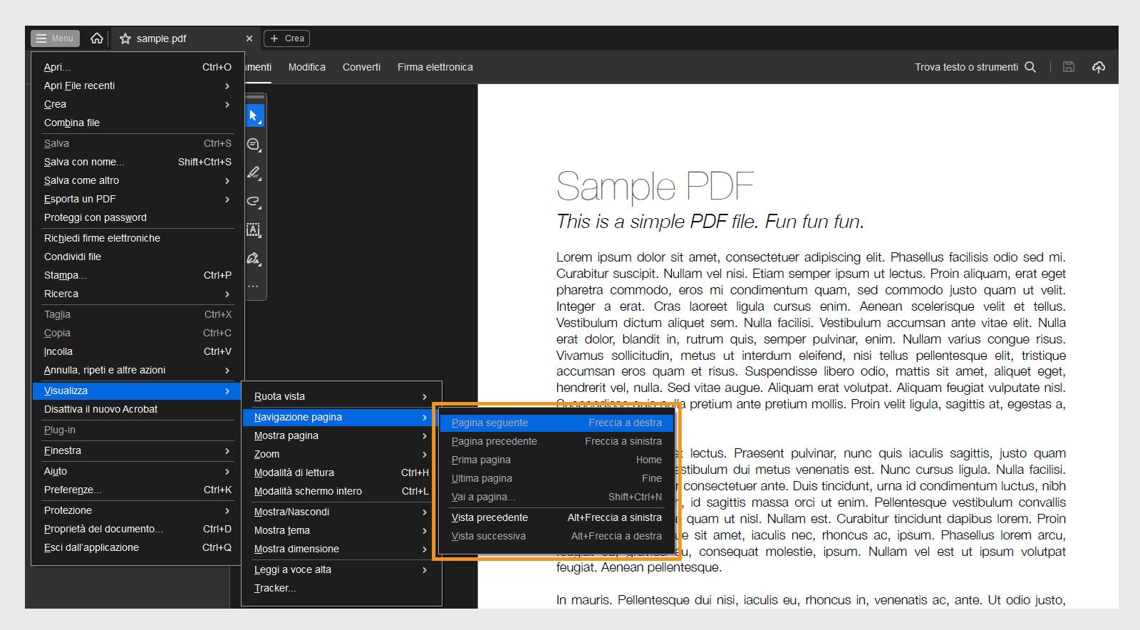 Il menu Navigazione pagina nel menu Visualizza mostra un elenco di opzioni di navigazione in Acrobat.
