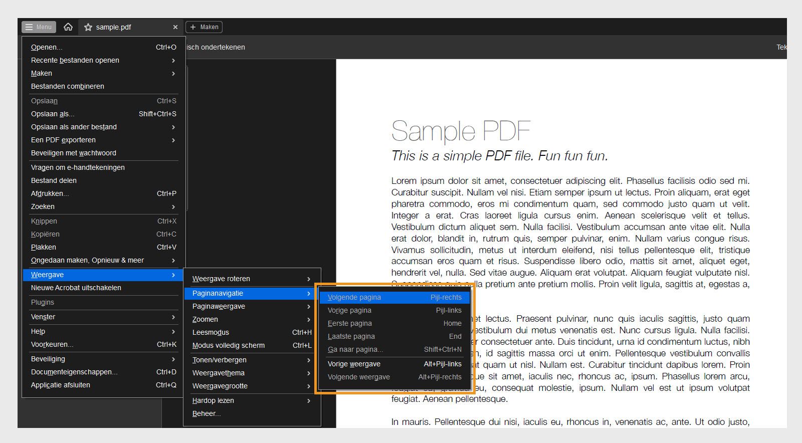 In het menu Paginanavigatie in het menu Weergave wordt een lijst met navigatieopties in Acrobat weergegeven.