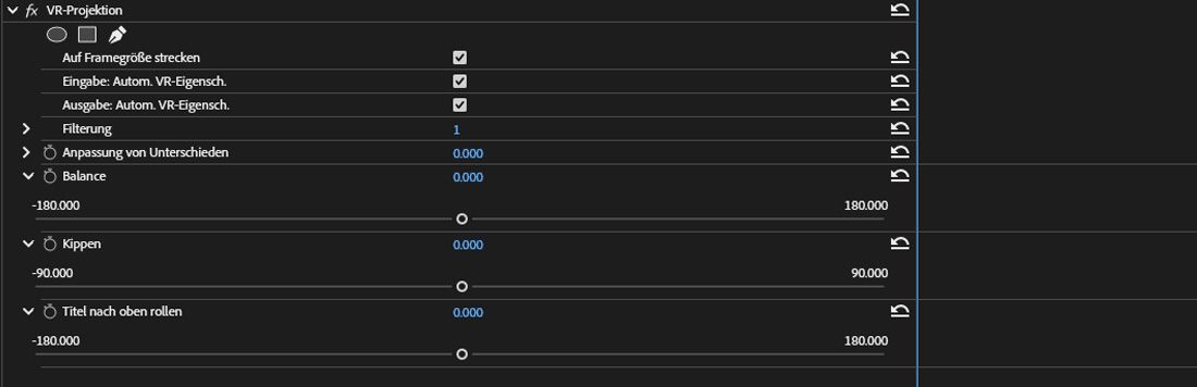 Unter dem VR-Projektionseffekt werden die Eigenschaften „Schwenken“, „Kippen“ und „Rollen“ aufgelistet, die angepasst werden können, um die Videokugel zu drehen.