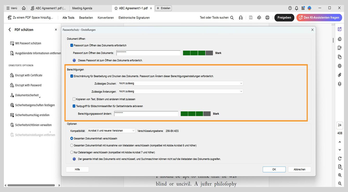 Das Dialogfeld „Kennwortsicherheit - Einstellungen&quot; zeigt folgende Einstellungen an: Dokument öffnen, Berechtigungen und Optionen. Mit der Einstellung „Berechtigungen&quot; können Benutzer ein Kennwort festlegen, um das Bearbeiten, Drucken und Kopieren zu steuern.