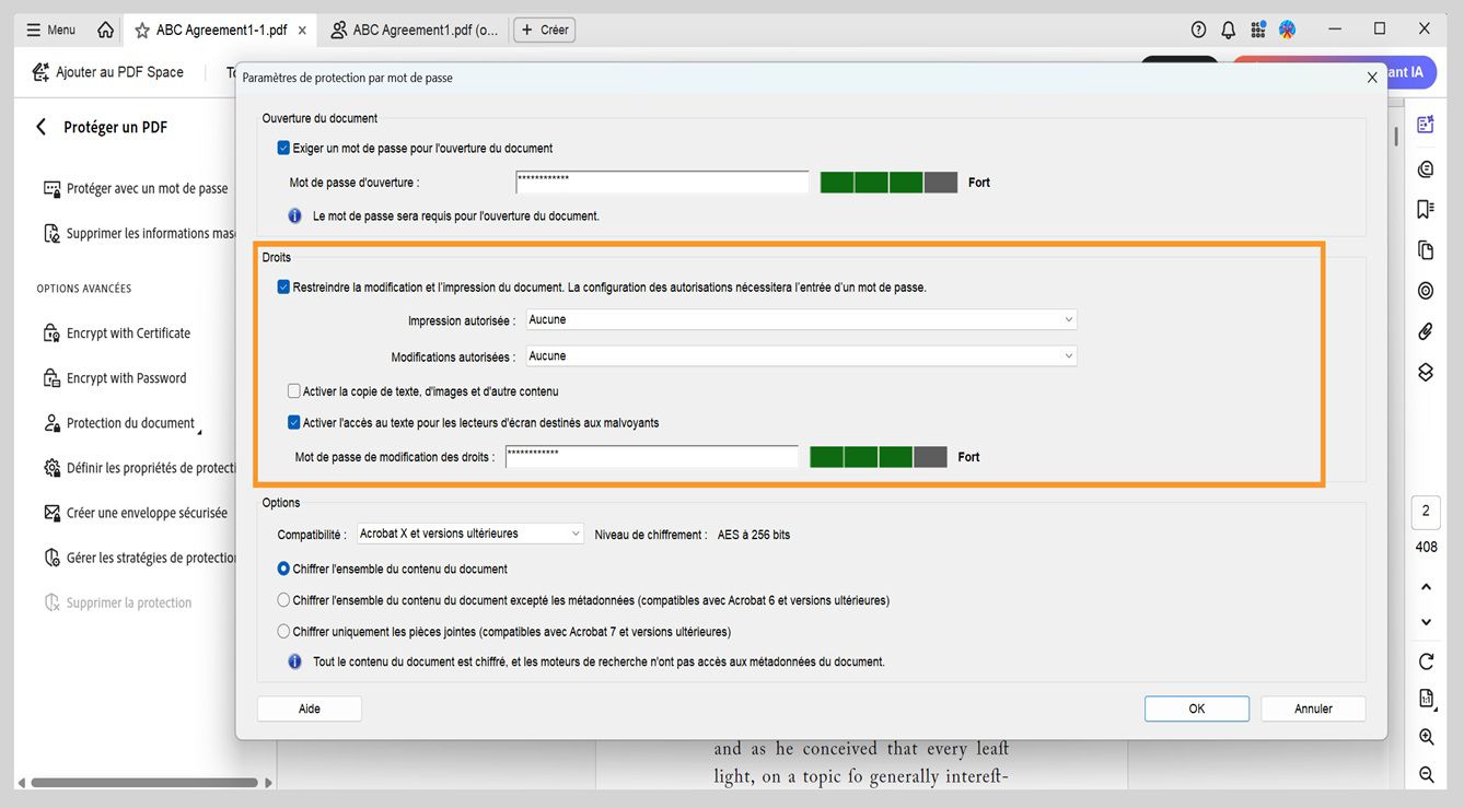 La boîte de dialogue Sécurité par mot de passe - Paramètres affiche les paramètres suivants : Ouverture du document, Autorisations et options.Le paramètre Autorisations permet aux utilisateurs de définir un mot de passe pour contrôler la modification, l'impression et la copie.
