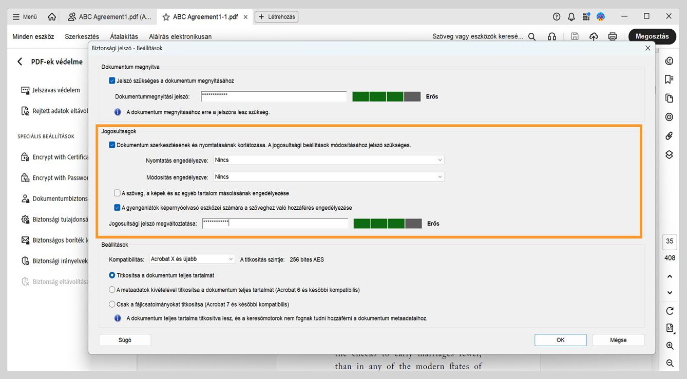 A Jelszavas védelem - Beállítások párbeszédpanel a következő beállításokat jeleníti meg: Dokumentum megnyitása, Jogosultságok és Opciók.A Jogosultságok beállítás lehetővé teszi a felhasználók számára, hogy jelszót állítsanak be a szerkesztés, nyomtatás és másolás szabályozására.