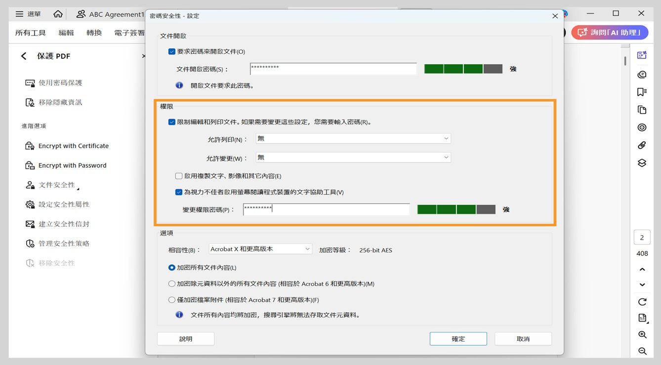 「密碼安全性 - 設定」對話框顯示以下設定：開啟文件、權限和選項。「權限」設定允許使用者設定密碼來控制編輯、列印和複製。