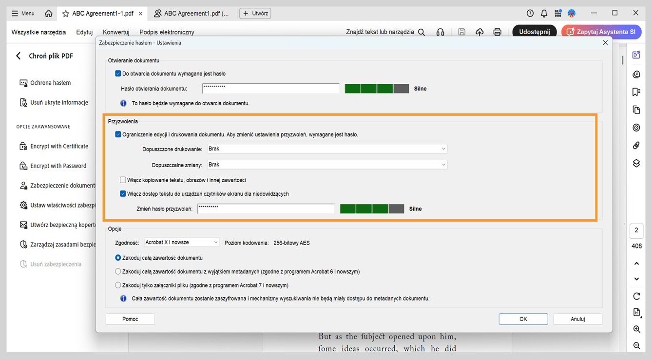 Okno dialogowe „Zabezpieczenie hasłem — ustawienia” wyświetla następujące ustawienia: Otwieranie dokumentu, Uprawnienia i Opcje. Ustawienie Uprawnienia umożliwia ustawienie hasła kontrolującego edycję, drukowanie i kopiowanie.