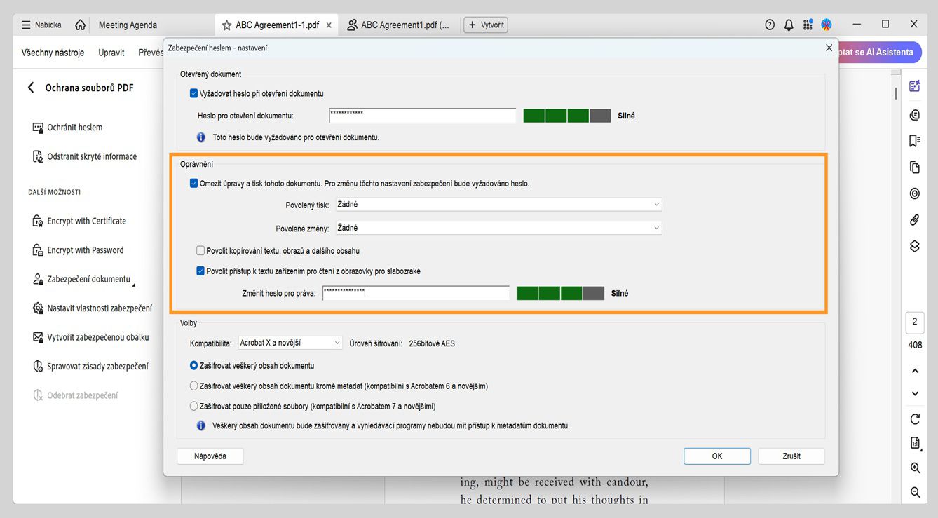 Dialogové okno Zabezpečení heslem - Nastavení zobrazuje následující nastavení: Otevření dokumentu, Oprávnění a Možnosti.Nastavení Oprávnění umožňuje uživatelům nastavit heslo pro kontrolu úprav, tisku a kopírování.