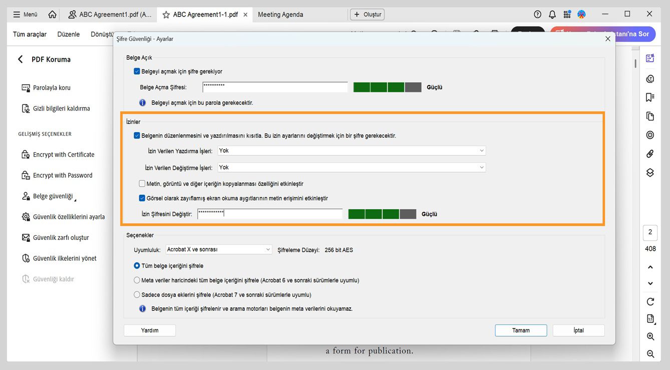 Parola Güvenliği  - Ayarlar iletişim kutusunda şu ayarlar görüntülenir: Belge Açma, İzinler ve Seçenekler.İzinler ayarı, kullanıcıların düzenleme, yazdırma ve kopyalamayı kontrol etmek için parola belirlemesine olanak tanır.