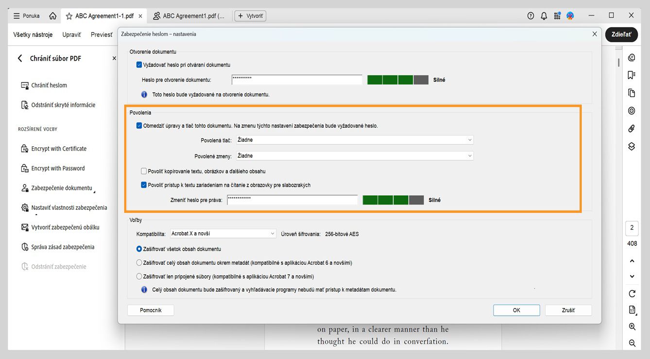 Dialógové okno Zabezpečenie heslom - Nastavenia zobrazuje nasledujúce nastavenia: Otvorenie dokumentu, Povolenia a options.Nastavenie Povolenia umožňuje používateľom nastaviť heslo na kontrolu úprav, tlače a kopírovania.