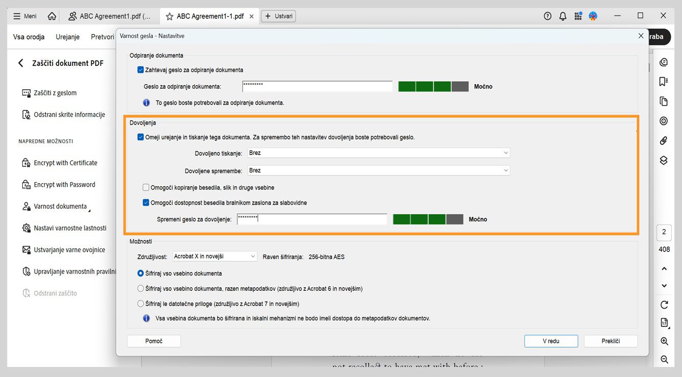 V pogovornem oknu Varnost z geslom – Nastavitve so prikazane naslednje nastavitve: Odpiranje dokumenta, Dovoljenja in Možnosti. Nastavitev Dovoljenja uporabnikom omogoča nastavitev gesla za nadzor urejanja, tiskanja in kopiranja.