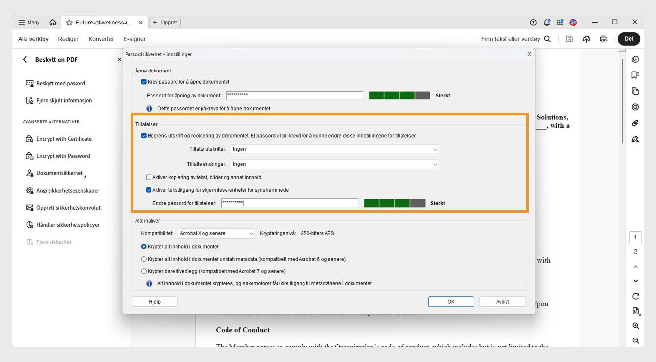 Dialogboksen Passordsikkerhet - Innstillinger viser følgende innstillinger: Åpne dokument, Tillatelser og alternativer. Innstillingen for Tillatelser lar brukere angi et passord for å kontrollere redigering, utskrift og kopiering.