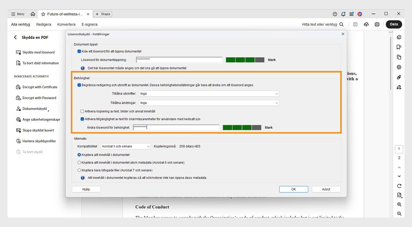 Dialogrutan Lösenordssäkerhet – dialogrutan Inställningar visar följande inställningar: Öppna dokument, Behörigheter och Alternativ. Behörighetsinställningen låter användare ställa in ett lösenord för att kontrollera redigering, utskrift och kopiering.