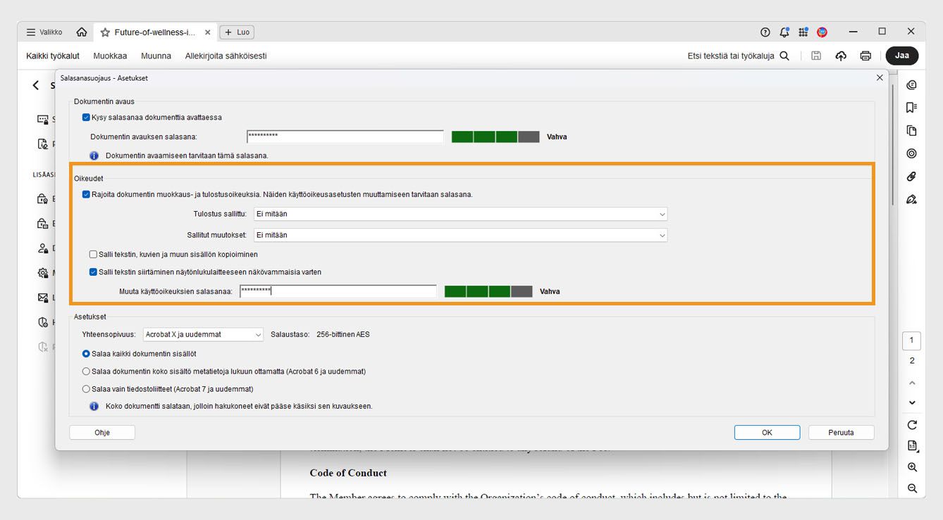 Salasanasuojaus - Asetukset-valintaikkunassa näkyvät seuraavat asetukset: Asiakirjan avaaminen, Käyttöoikeudet ja Asetukset. Käyttöoikeusasetus mahdollistaa salasanan asettamisen muokkauksen, tulostuksen ja kopioinnin hallintaan.