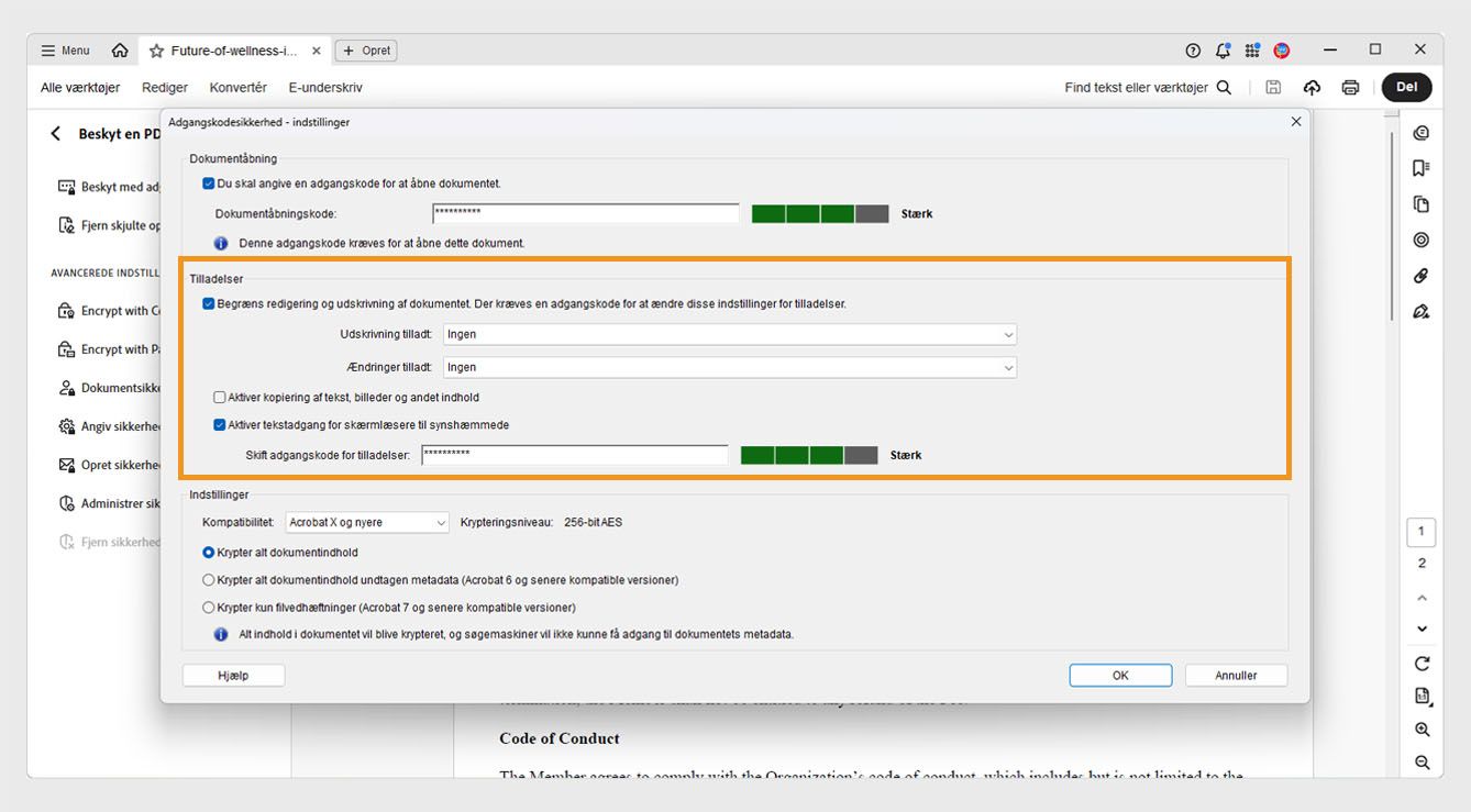 Dialogboksen Adgangskodebeskyttelse - Indstillinger viser følgende indstillinger: Åbn dokument, Tilladelser og Indstillinger. Indstillingen Tilladelser giver brugerne mulighed for at angive en adgangskode for at kontrollere redigering, udskrivning og kopiering.