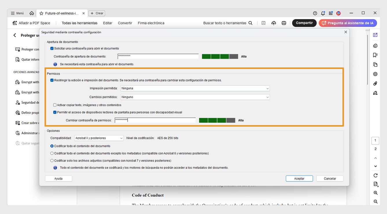 El cuadro de diálogo Seguridad mediante contraseña - Configuración muestra los siguientes ajustes: Abrir documento, Permisos y Opciones. La configuración de Permisos permite a los usuarios establecer una contraseña para controlar la edición, impresión y copia.