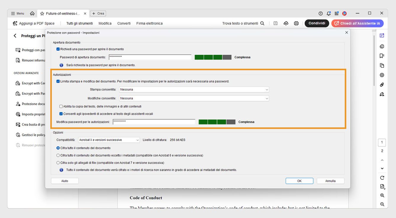 La finestra di dialogo Protezione con password - Impostazioni mostra le seguenti impostazioni: Apertura documento, Autorizzazioni e Opzioni. L’impostazione Autorizzazioni consente agli utenti di impostare una password per controllare la modifica, la stampa e la copia.