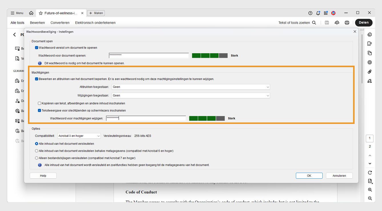 Het dialoogvenster Wachtwoordbeveiliging: Instellingen toont de volgende instellingen: Document openen, Machtigingen en options. Met de instelling Machtigingen kunnen gebruikers een wachtwoord instellen om bewerken, afdrukken en kopiëren te beheren.