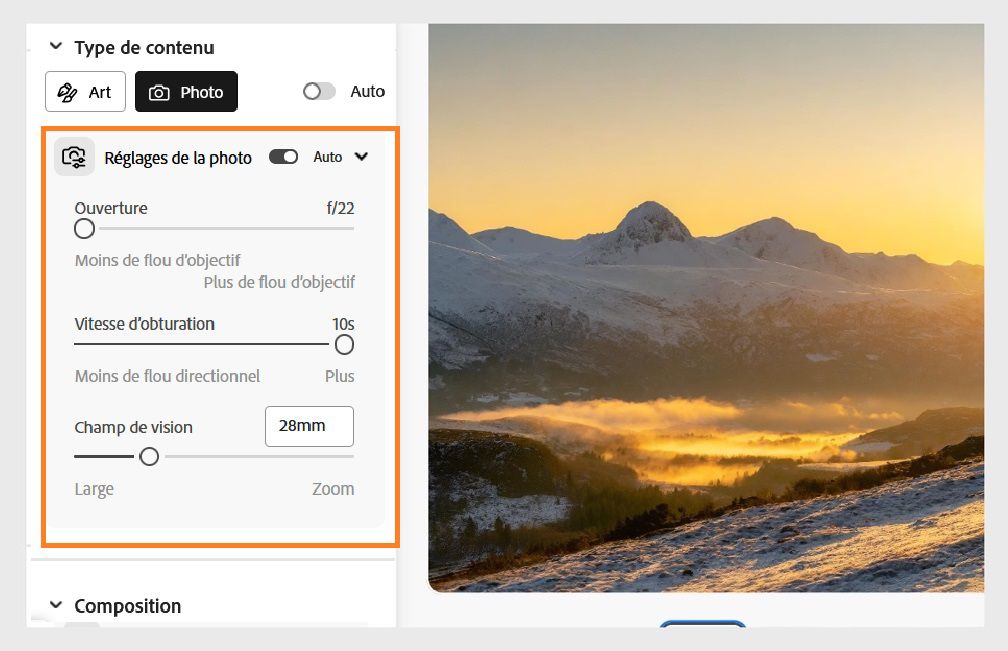 Les réglages de la photo de la section Type de contenu sont affichés. Le réglage est défini sur Auto et les paramètres configurés automatiquement sont indiqués en dessous. Les réglages de la photo sont les suivants : Ouverture, Vitesse d’obturation et Champ de vision.