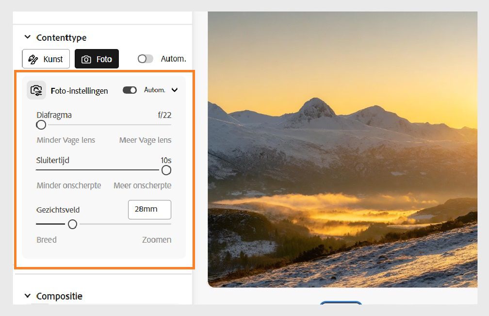 De Foto-instellingen onder het gedeelte Inhoudstype zijn geopend. De instelling wordt ingesteld op Automatisch en de automatisch geconfigureerde parameters worden hierin vermeld. Tot de foto-instellingen behoren diafragma, sluitersnelheid en gezichtsveld.