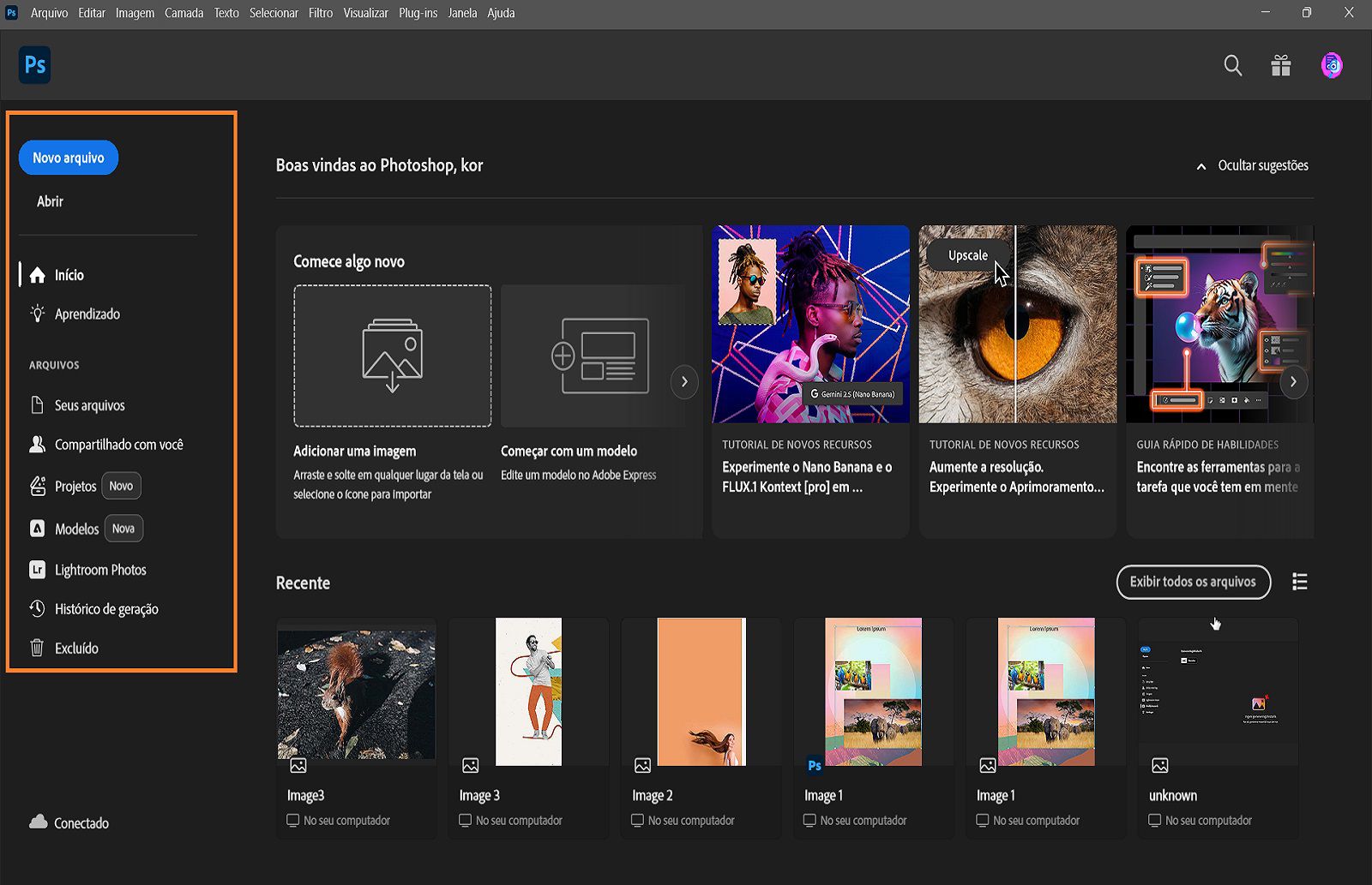 A tela inicial do Photoshop mostra guias como Início, Aprender e Arquivos. Arquivos recentes aparecem no centro e os tutoriais estão acessíveis.