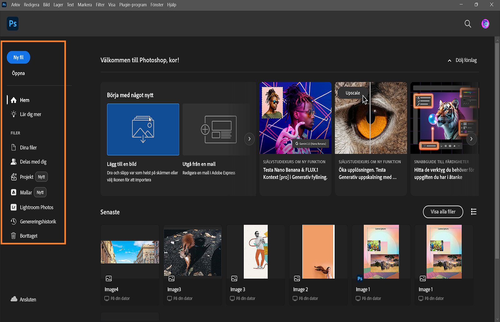 Photoshop-startskärmen visar flikar som Hem, Lär dig och Filer.Senaste filer visas i mitten och handledningar är tillgängliga.