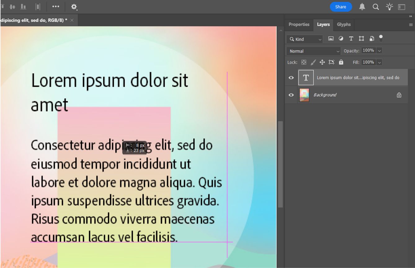 לוח השכבות של Photoshop מציג את שכבת הטקסט שנבחרה ורשת יישור על בד הציור. המסגרת הוזזה 8 פיקסלים שמאלה ו-23 פיקסלים למטה ממיקומה המקורי.