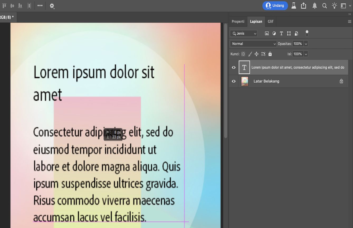 Panel lapisan Photoshop memiliki lapisan ketikan yang dipilih dan kisi penyelarasan yang ada di kanvas.Bingkai telah digeser ke 8px kiri dan 23px bawah dari posisi aslinya.