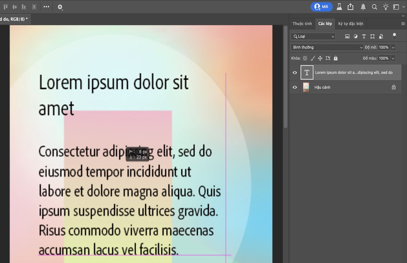 Bảng Lớp của Photoshop với lớp nhập văn bản được chọn và lưới căn chỉnh hiển thị trên canvas. Khung văn bản đã được di chuyển 8px sang trái và 23px xuống dưới so với vị trí ban đầu.