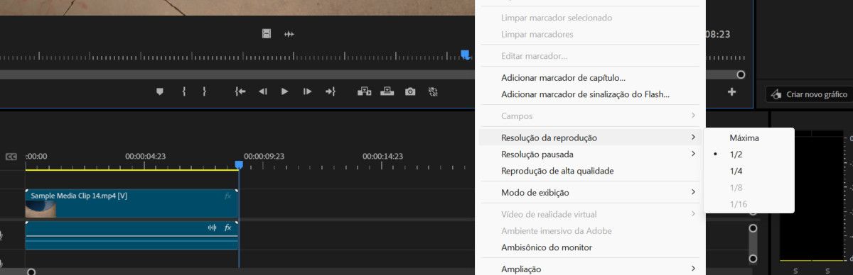 O menu Resolução de Reprodução exibe várias resoluções, incluindo 1/2, 1/4 e 1/8.Atualmente, 1/2 está selecionado.