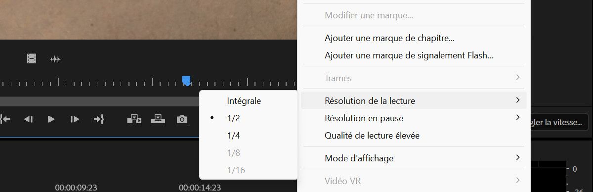 Le menu Résolution de lecture affiche diverses résolutions, notamment 1/2, 1/4 et 1/8.Actuellement, 1/2 est sélectionné.