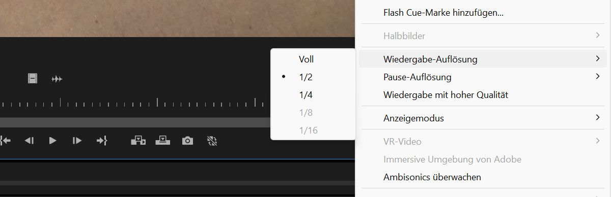 Das Menü für die Wiedergabeauflösung zeigt verschiedene Auflösungen an, einschließlich 1/2, 1/4 und 1/8.Aktuell ist 1/2 ausgewählt.