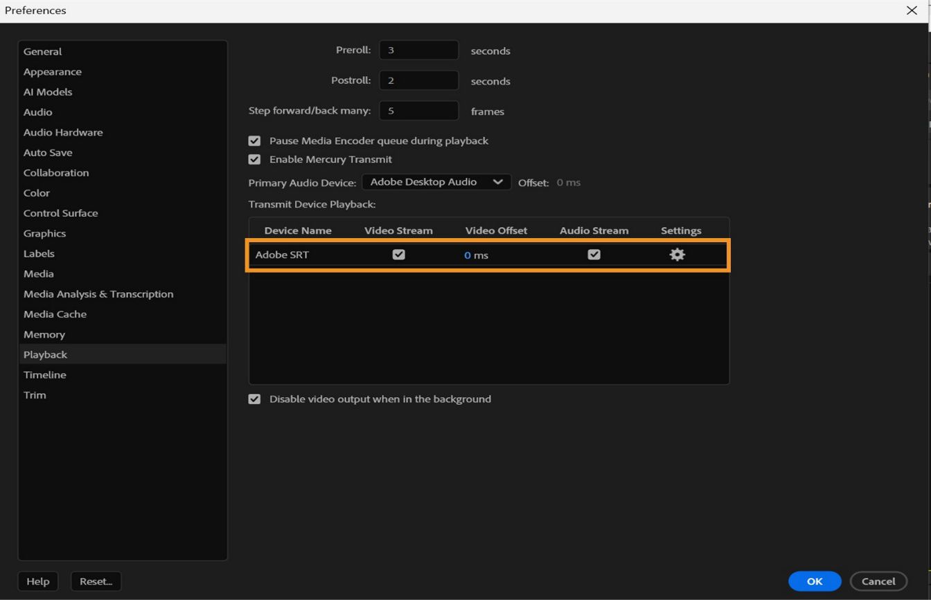 El panel de preferencias de Reproducción muestra la configuración de Adobe SRT habilitada para transmitir flujos de vídeo y audio sincronizados.