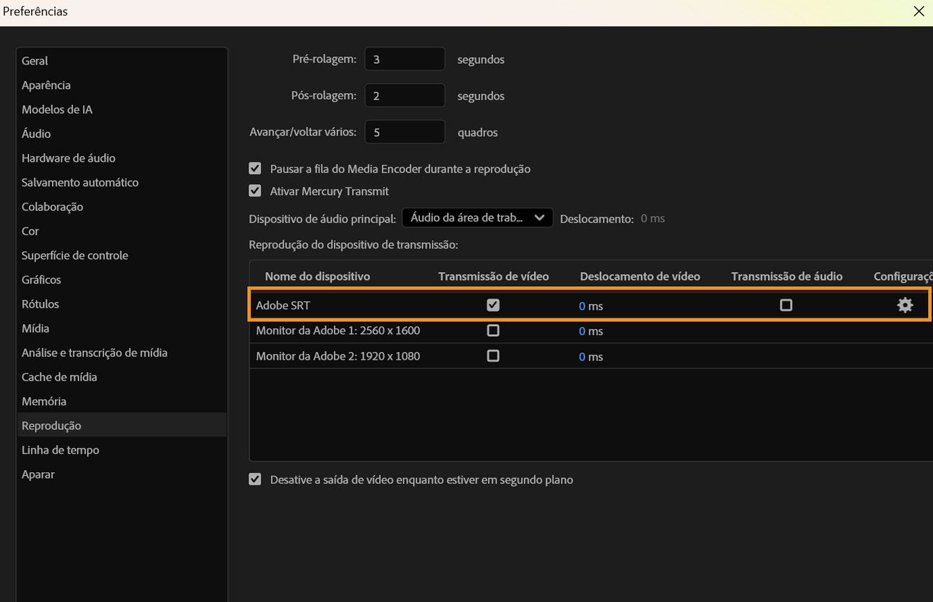 O painel de preferências de reprodução mostra a configuração do SRT da Adobe habilitada para transmitir fluxos sincronizados de vídeo e áudio.