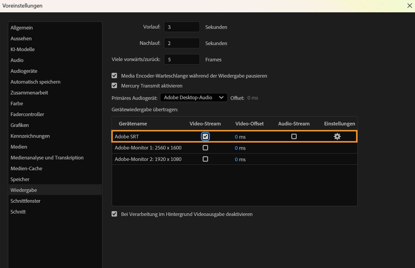 Das Bedienfeld für Wiedergabeeinstellungen zeigt die aktivierte Adobe SRT-Einstellung zur Übertragung synchronisierter Video- und Audio-Streams.