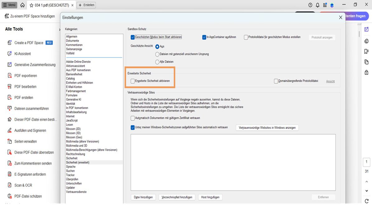 Im Dialogfeld „Voreinstellungen&quot; wird die Option „Erweiterte Sicherheit aktivieren&quot; deaktiviert angezeigt.