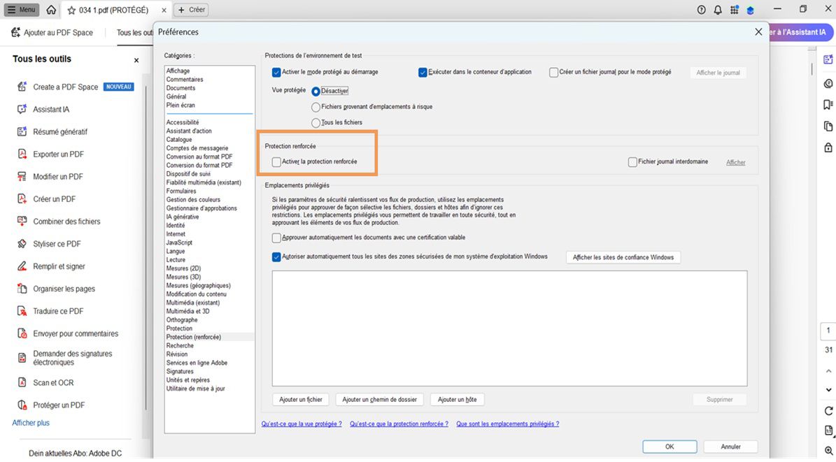 La boîte de dialogue Préférences affiche l’option Activer la protection renforcée décochée.