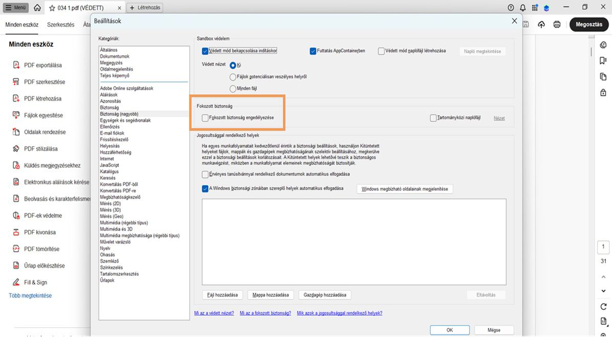 A Beállítások párbeszédpanel a Fokozott biztonság engedélyezése opciót kikapcsolva jeleníti meg.
