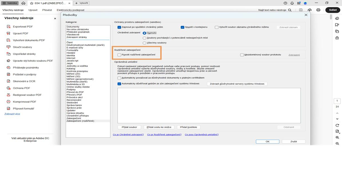 V dialogovém okně Předvolby se zobrazí nezaškrtnutá možnost Povolit rozšířené zabezpečení.