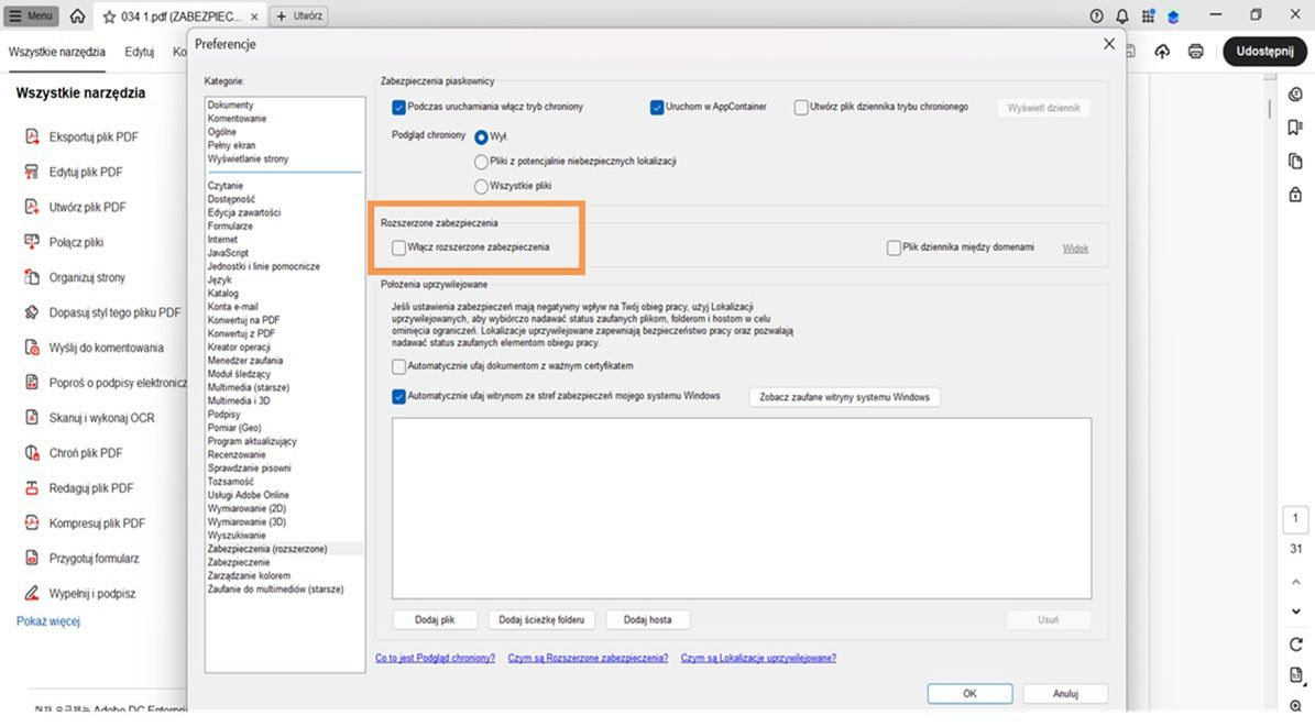 W oknie dialogowym Preferencje opcja Włącz zabezpieczenia rozszerzone jest odznaczona.