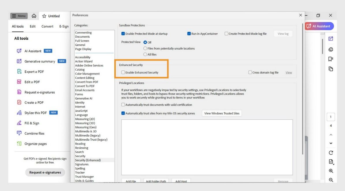 Ipinapakita ng dialog box ng Preference ang opsyong Enable Enhanced Security na naka-uncheck.