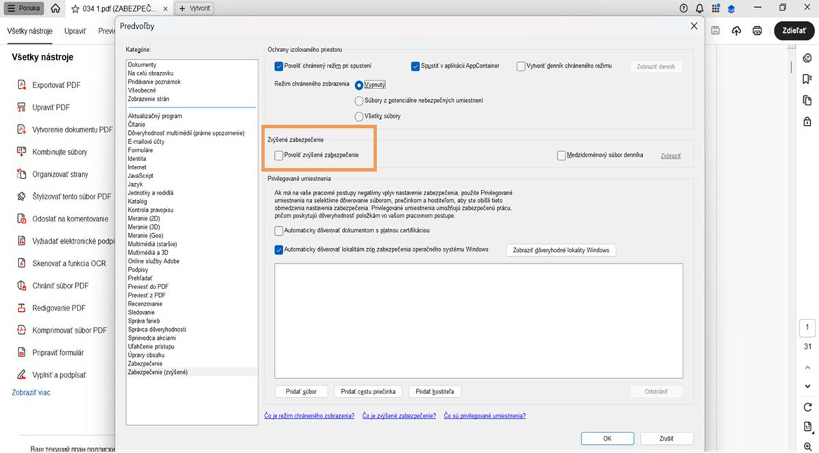 V dialógovom okne Preferencie sa zobrazí nezačiarknutá možnosť Povoliť rozšírené zabezpečenie.