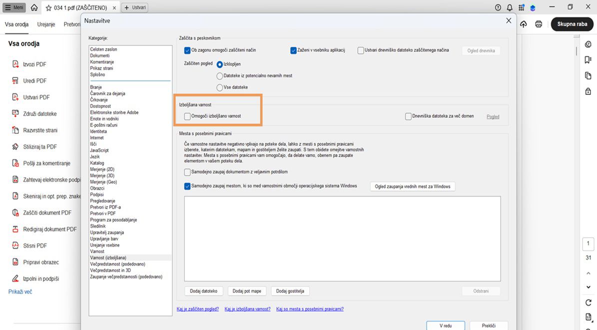 V pogovornem oknu Nastavitve je možnost Omogoči izboljšano varnost odznačena.