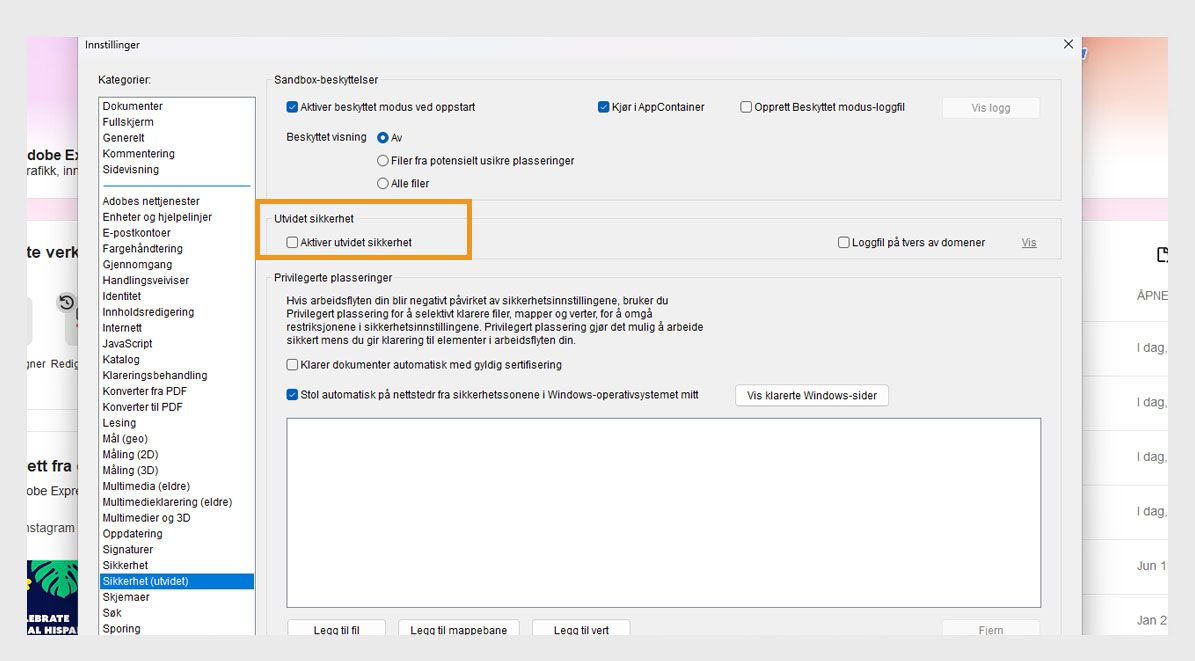 Dialogboksen Innstillinger viser alternativet Aktiver forbedret sikkerhet uten avmerking.