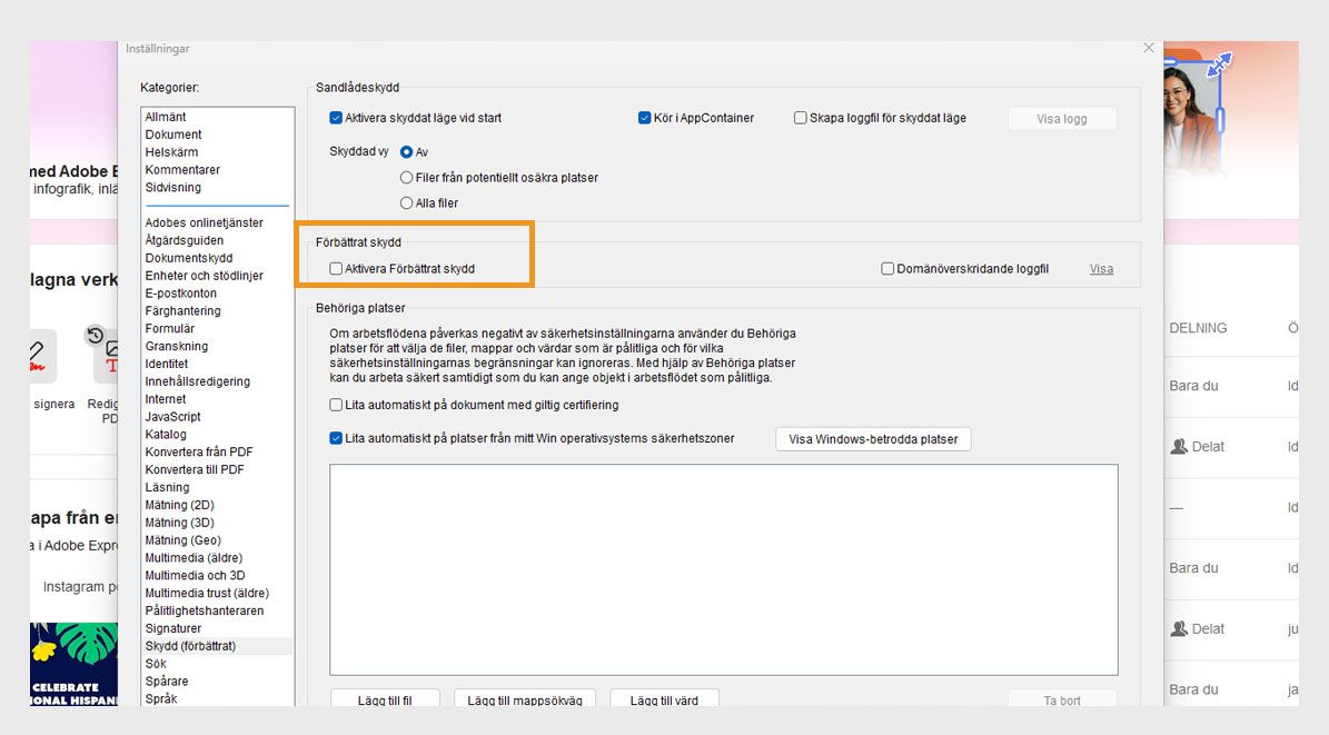 Dialogrutan Inställningar visar alternativet Aktivera förbättrad säkerhet avmarkerat.